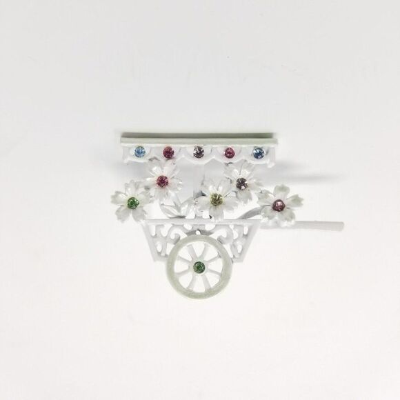 Vintage Flower Cart Rhinestone Brooch, White Enamel, Signed BJ, Estate - Picture 1 of 6